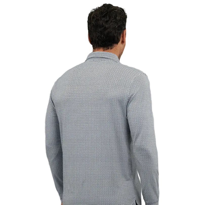 Man wearing a UV Protection geometric print long-sleeve shirt and black shorts on a gray background