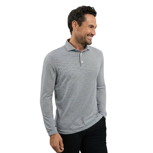 Man wearing a UV Protection geometric print long-sleeve shirt and black shorts on a gray background