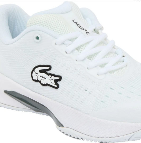 Close-up of Lacoste Women's AG-LT EVO White/White upper and crocodile logo