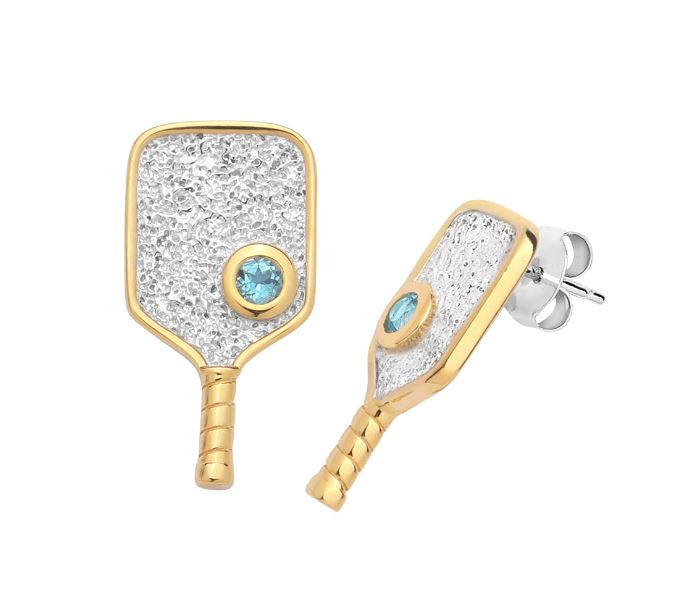 Sterling Reputation Silver Two-Tone Rhodium and Gold-Plating Textured Pickleball Paddle Post Earrings with Swiss Blue Topaz