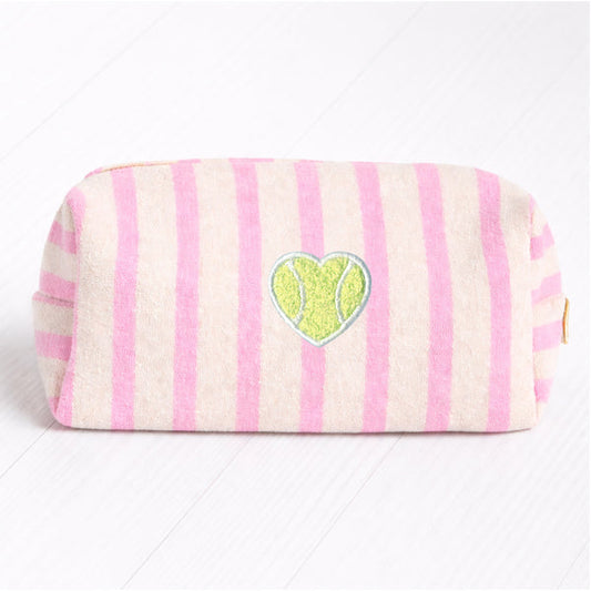 Fuzy Love pink and white striped terry cosmetic pouch with heart patch