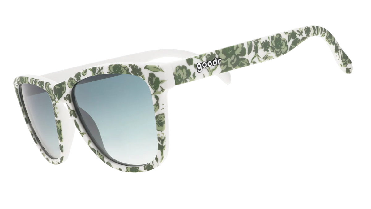 Goodr OG Fancy a Finger Sandwich limited-edition sunglasses with green toile pattern