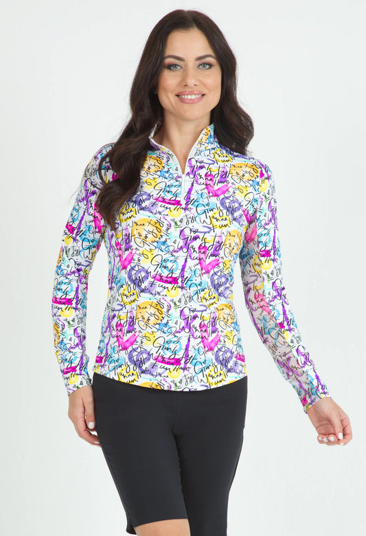 IBKUL Long Sleeve Zip Mock Angie Print (Limited Ed.)