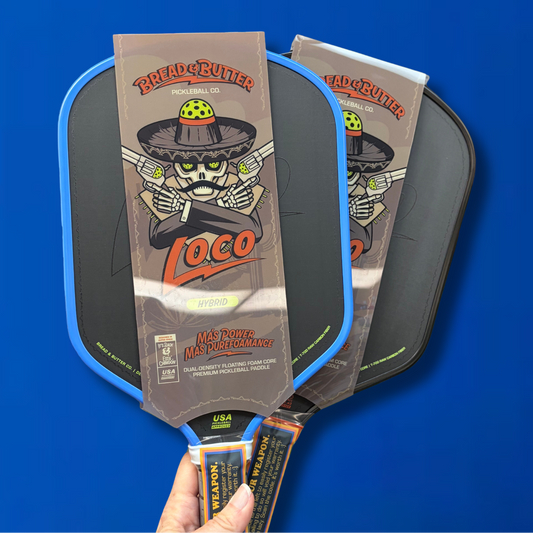 Two Bread & Butter Loco 16mm Hybrid pickleball paddles – carbon fiber face, USAP approved on Azul blue background