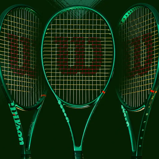 Wilson Blade 98 16x19 v10 tennis racquet – frontal and 3/4 side views trifold display on an emerald green background