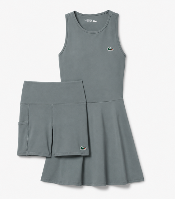 A gray sleeveless tank top and matching shorts set with small green and white Lacoste crocodile logos, displayed on a clean white background.