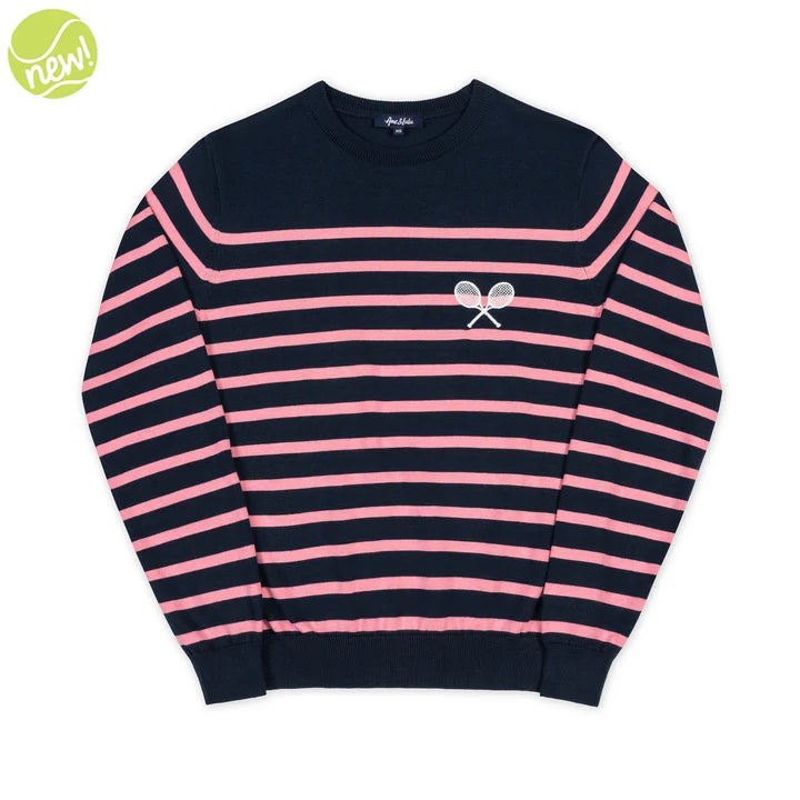 Ame & Lulu Club Sport Sweater, Bubbly Crossed Racquets design in pink and navy stripes
