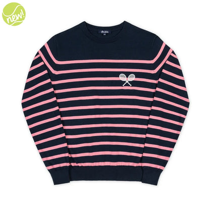 Ame & Lulu Club Sport Sweater, Bubbly Crossed Racquets design in pink and navy stripes