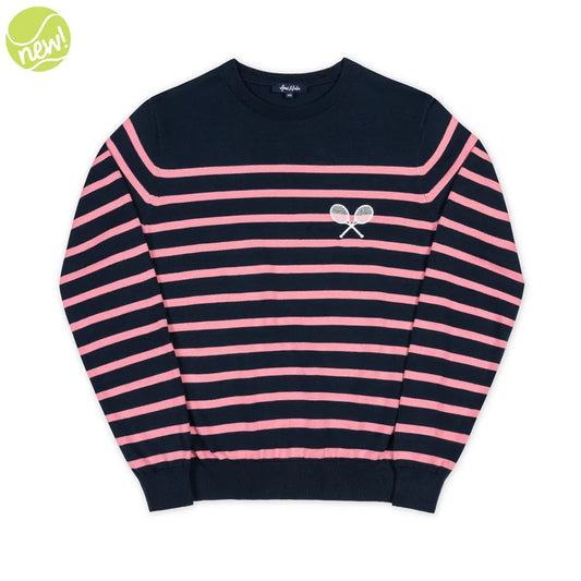 Ame & Lulu Club Sport Sweater, Bubbly Crossed Racquets design in pink and navy stripes