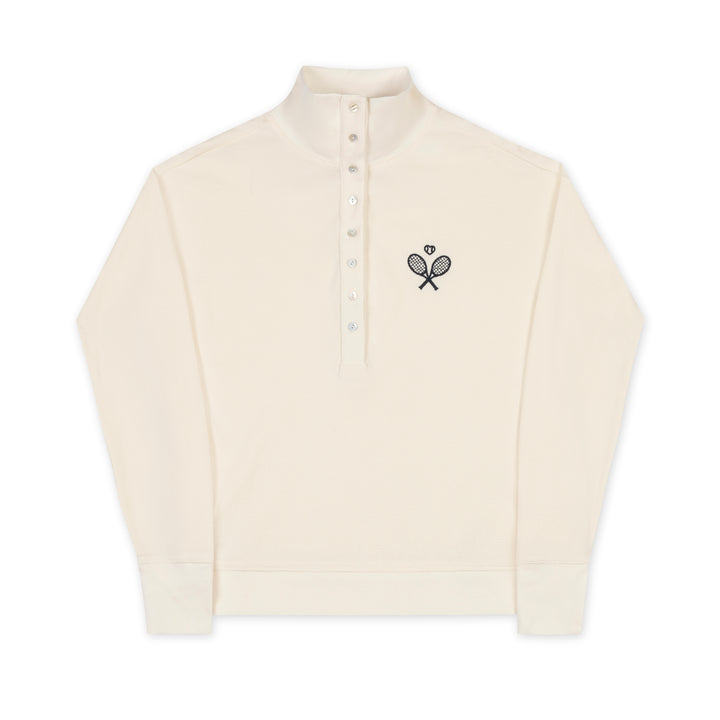 Ame & Lulu Clubhouse Waffle Knit Pullover in Ivory, front view with crossed-racquet chest embroidery