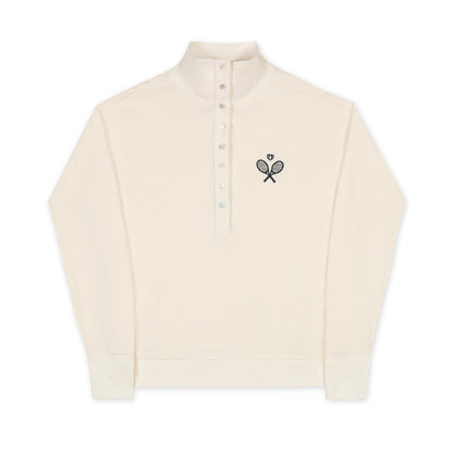 Ame & Lulu Clubhouse Waffle Knit Pullover in Ivory, front view with crossed-racquet chest embroidery