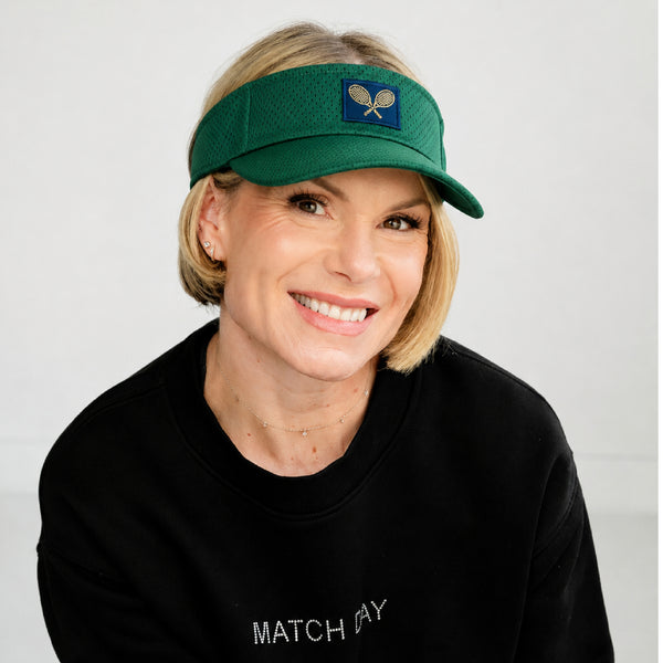 Fuzy Love Performance Mesh Visor in hunter green with navy gold crossed-racket patch