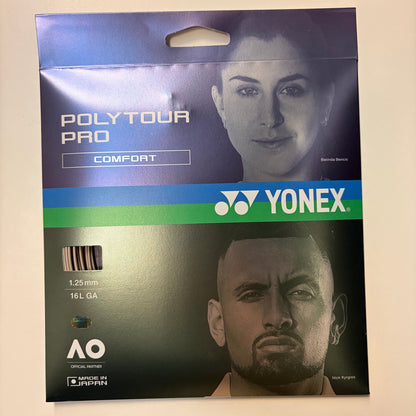 Yonex Poly Tour Pro 1.25mm | 16L polyester tennis string packaging sleeve, featuring a blue and green design with athlete portraits and the Yonex logo.