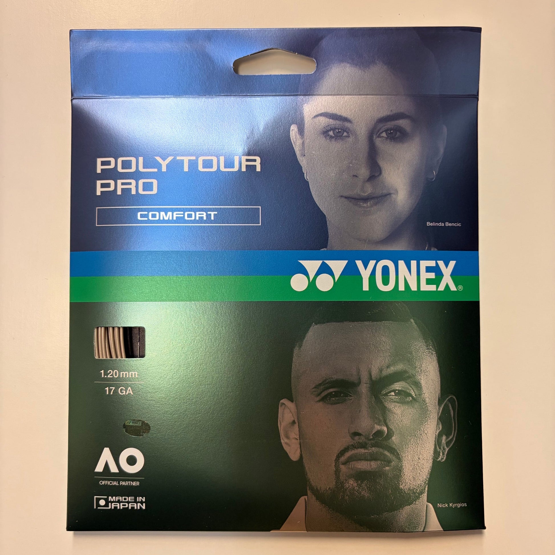 Yonex Poly Tour Pro 1.20mm | 17 GA polyester tennis string packaging sleeve, featuring a blue and green design with athlete portraits and the Yonex logo.