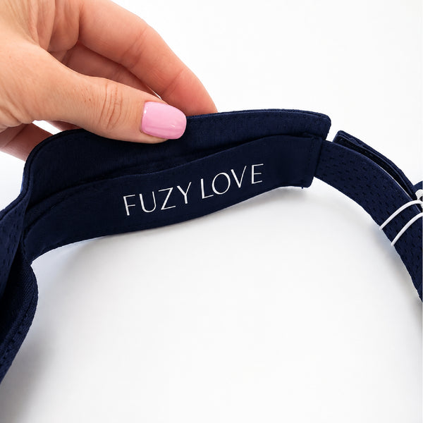 Fuzy Love Performance Mesh Visor in navy with gold crossed-racket patch