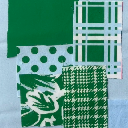Collection of green fabric swatches with different patterns on a light blue background