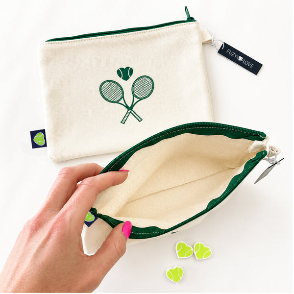 Two Fuzy Love Courtside Hemp Pouches with crossed-racquet artwork