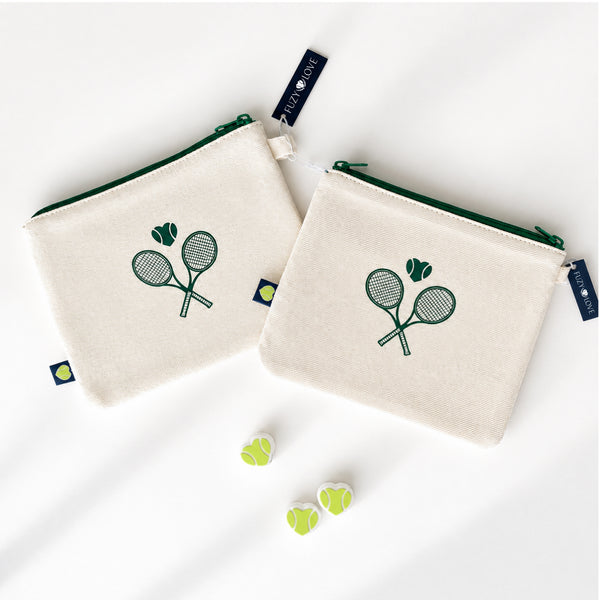 Fuzy Love Courtside Hemp Pouch with green crossed-racquet artwork and open zipper