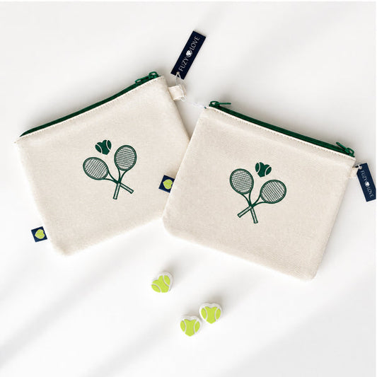 Fuzy Love Courtside Hemp Pouch with green crossed-racquet artwork and open zipper