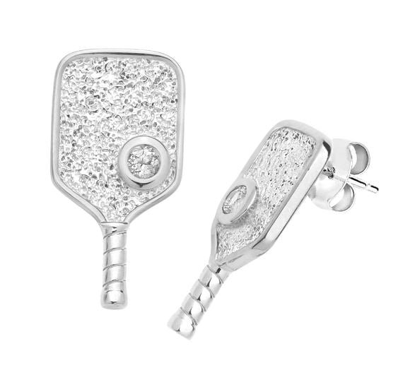 Sterling Reputation Silver Two-Tone Rhodium and Gold-Plating Textured Pickleball Paddle with Post Earrings with White Topaz