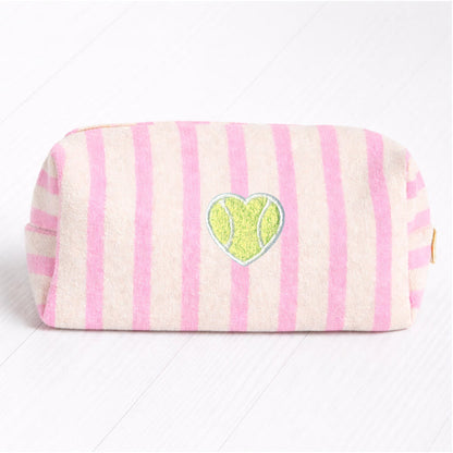 Fuzy Love pink and white striped terry cosmetic pouch with heart patch