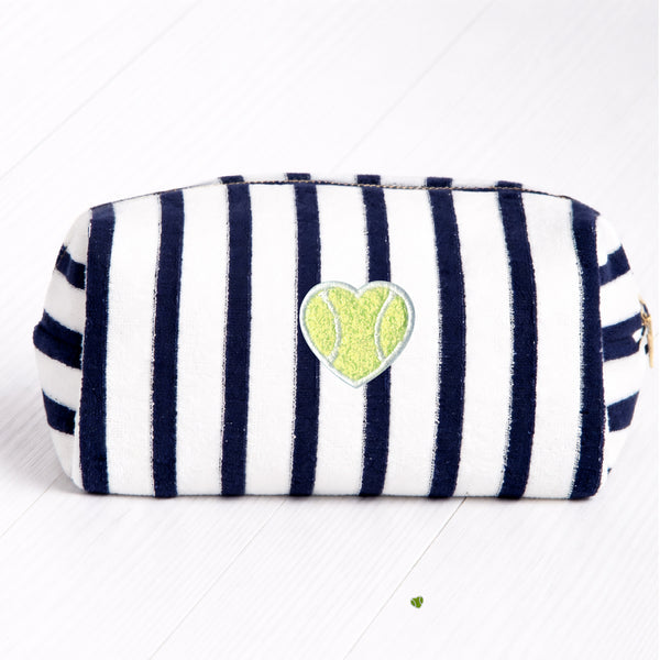 Fuzy Love striped terry cosmetic pouches in pink, navy and gray shown together