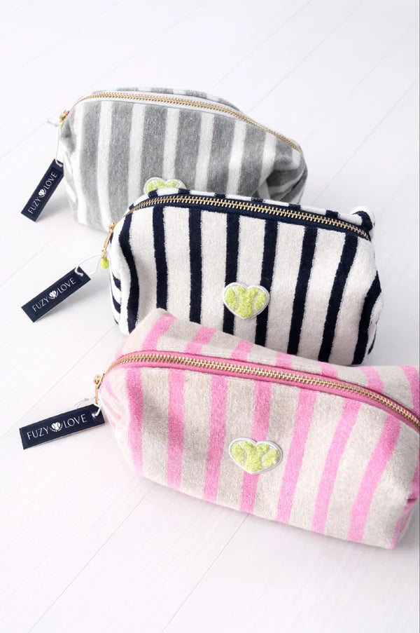 Fuzy Love navy and white striped terry cosmetic pouch with heart patch
