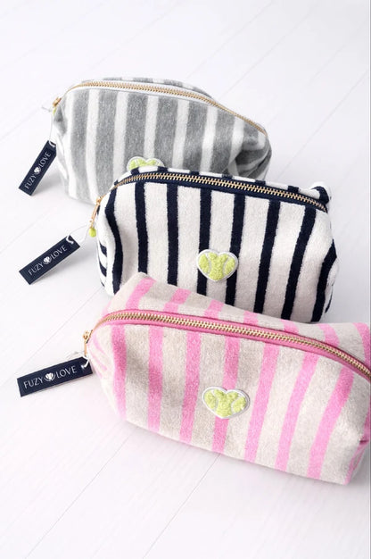 Fuzy Love navy and white striped terry cosmetic pouch with heart patch