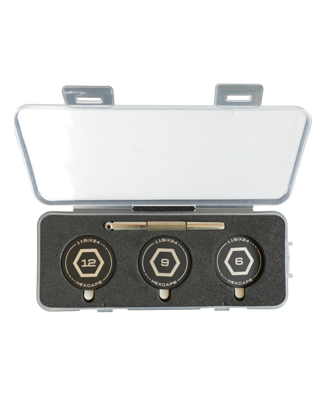 11SIX24 HexCaps case showing 12g, 9g, and 6g paddle balancing weights