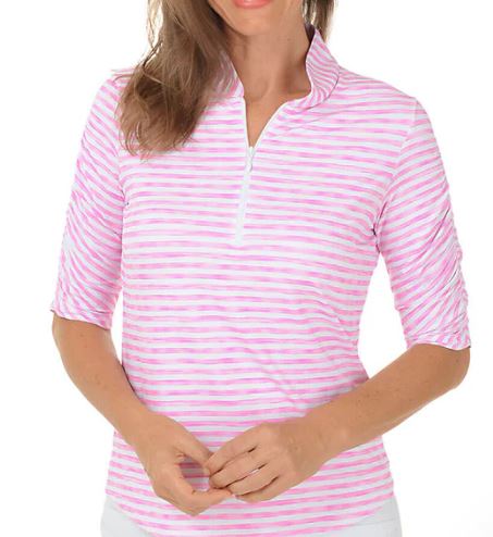 IBKUL Landon Stripe II Print Ruched Elbow Sleeve Top 41164
