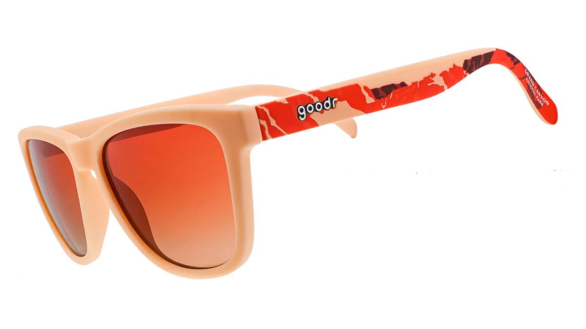 Goodr OG Grand Canyon Orange limited-edition sunglasses with tan frames and orange-gold ocean lenses