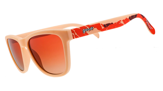 Goodr OG Grand Canyon Orange limited-edition sunglasses with tan frames and orange-gold ocean lenses