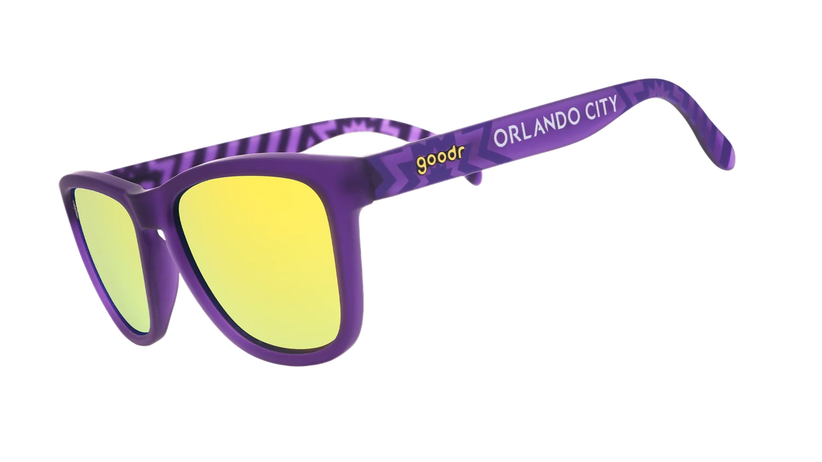 Goodr OG 407 to My City officially licensed Orlando City SC sunglasses with purple frames and violet reflective lenses