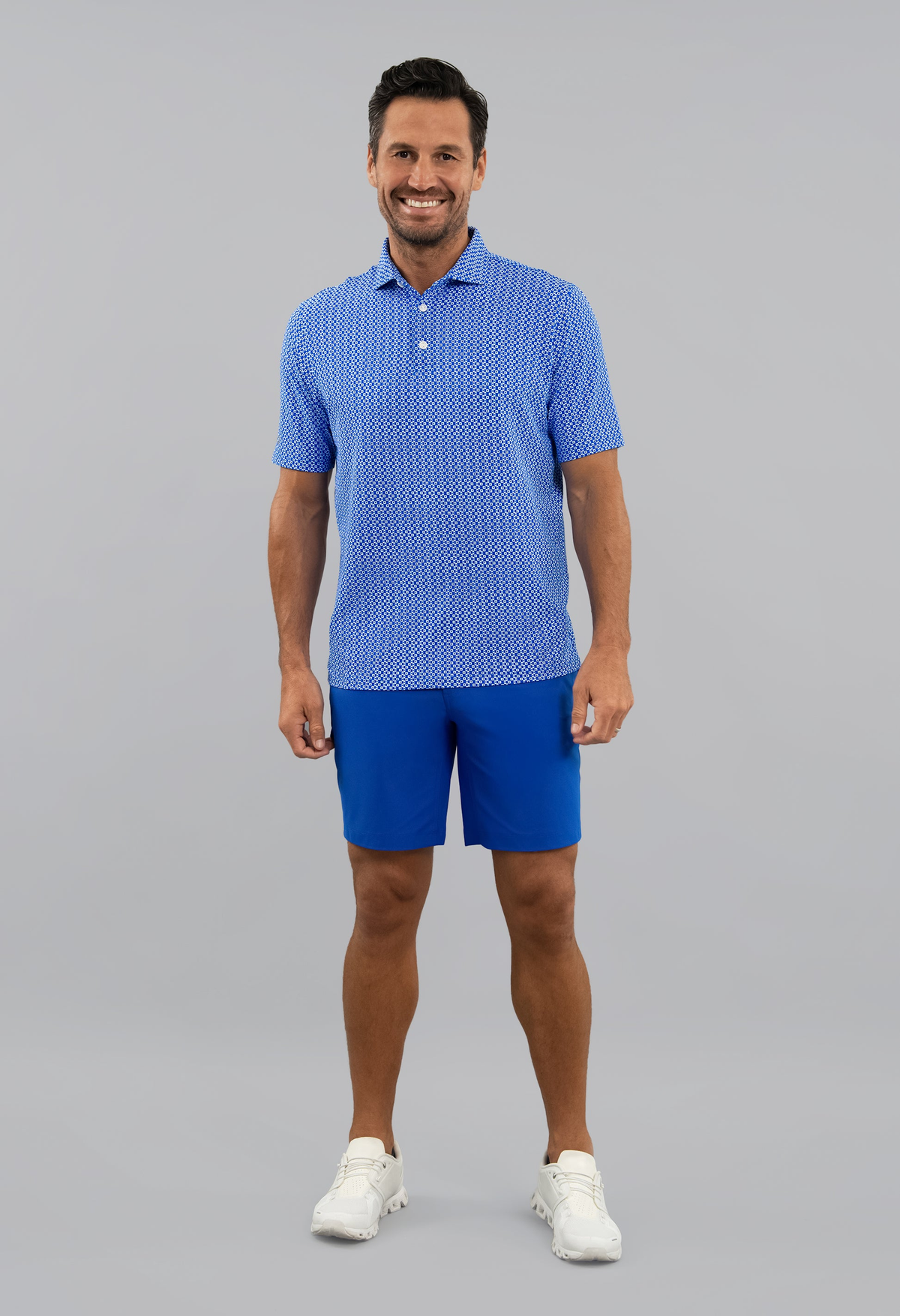 IBKUL Men's Cubes Short Sleeve Polo in White and Royal blue