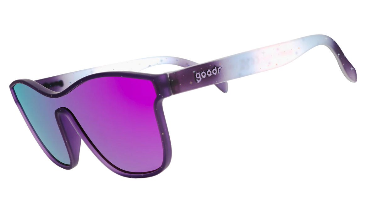 Goodr VRG I Have Venus Envy sunglasses with translucent purple-orange frames and pinkish-purple reflective lens