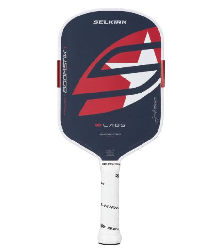Selkirk jack sock boomstik elongatedpickleball paddle with red and white design on a white background